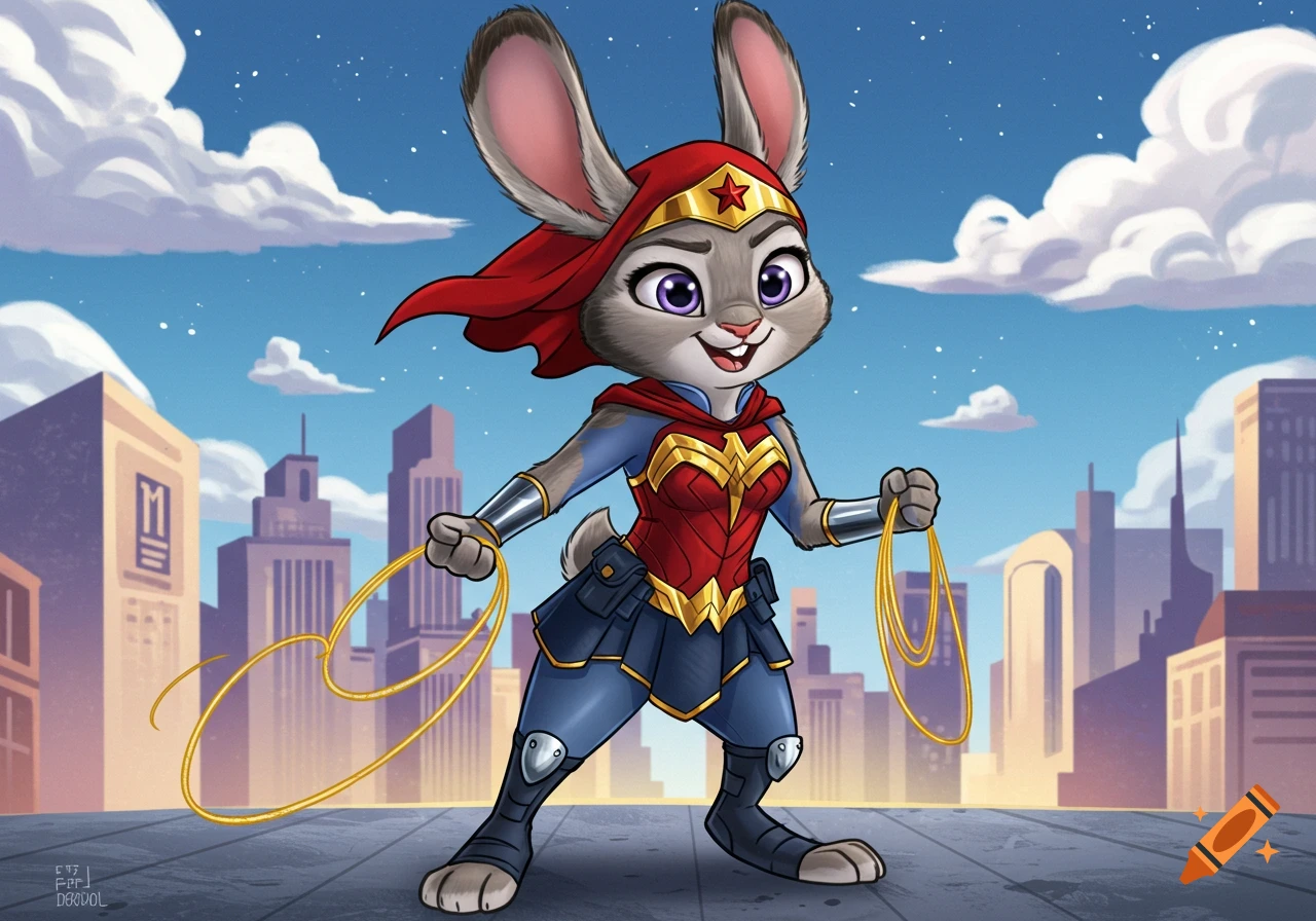 Cartoon illustration of Judy Hopps dressed as Wonder Woman holding her lasso in a city.