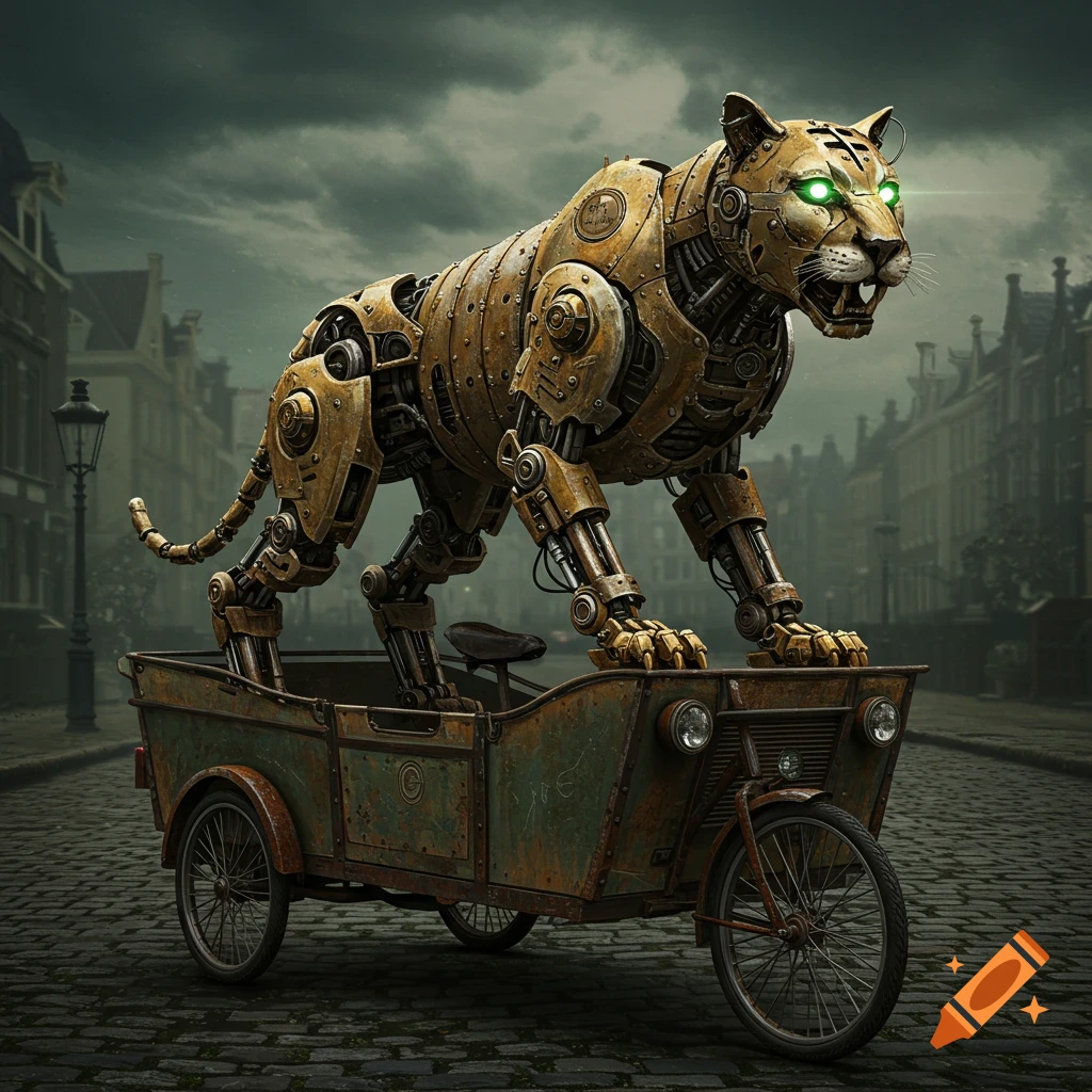 A rusty mechanical puma rides in an old cargo bike on a cobblestone street under a stormy sky in a steampunk city.