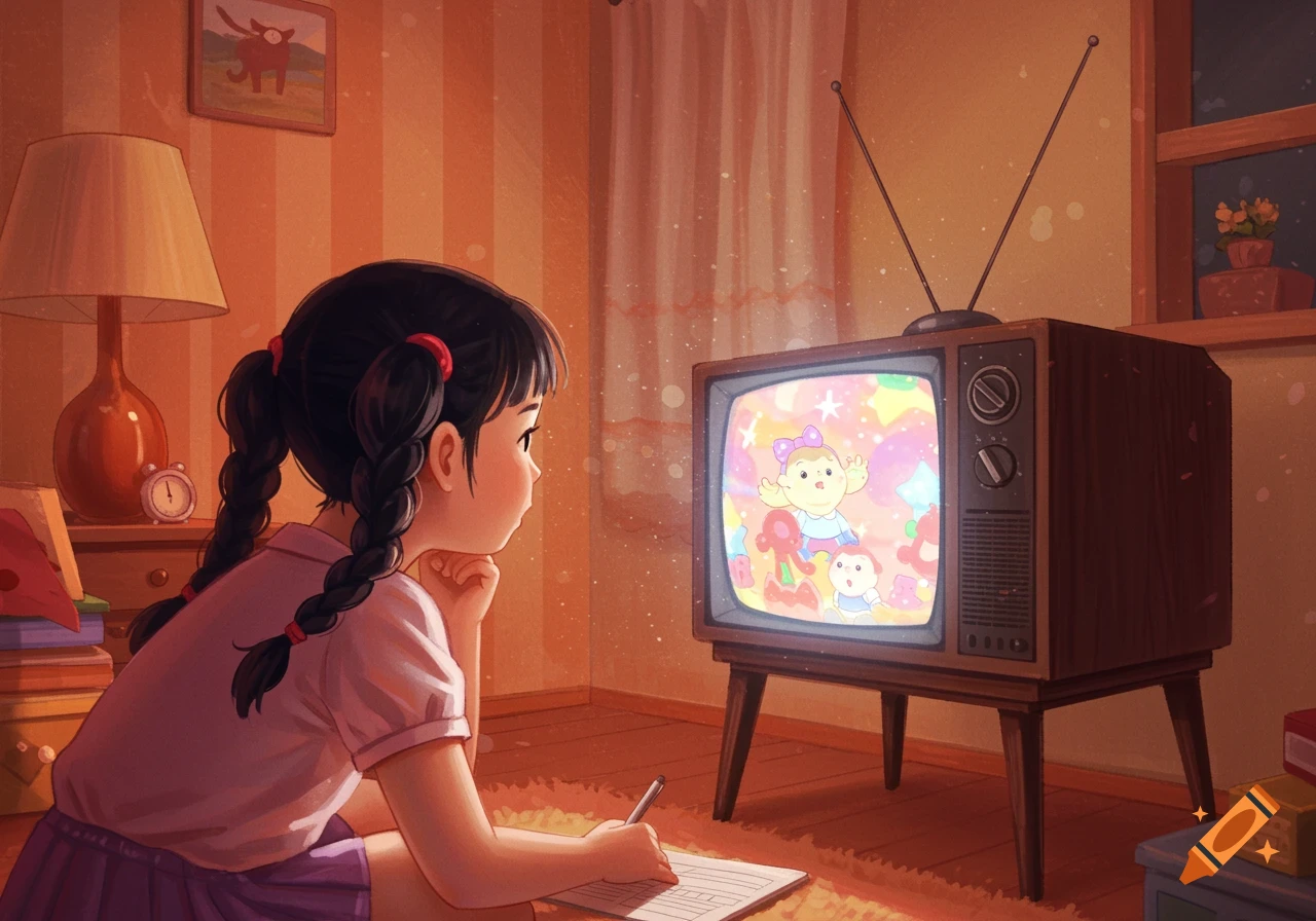 Illustration of a little girl watching a vintage television while drawing in a warm-lit room.