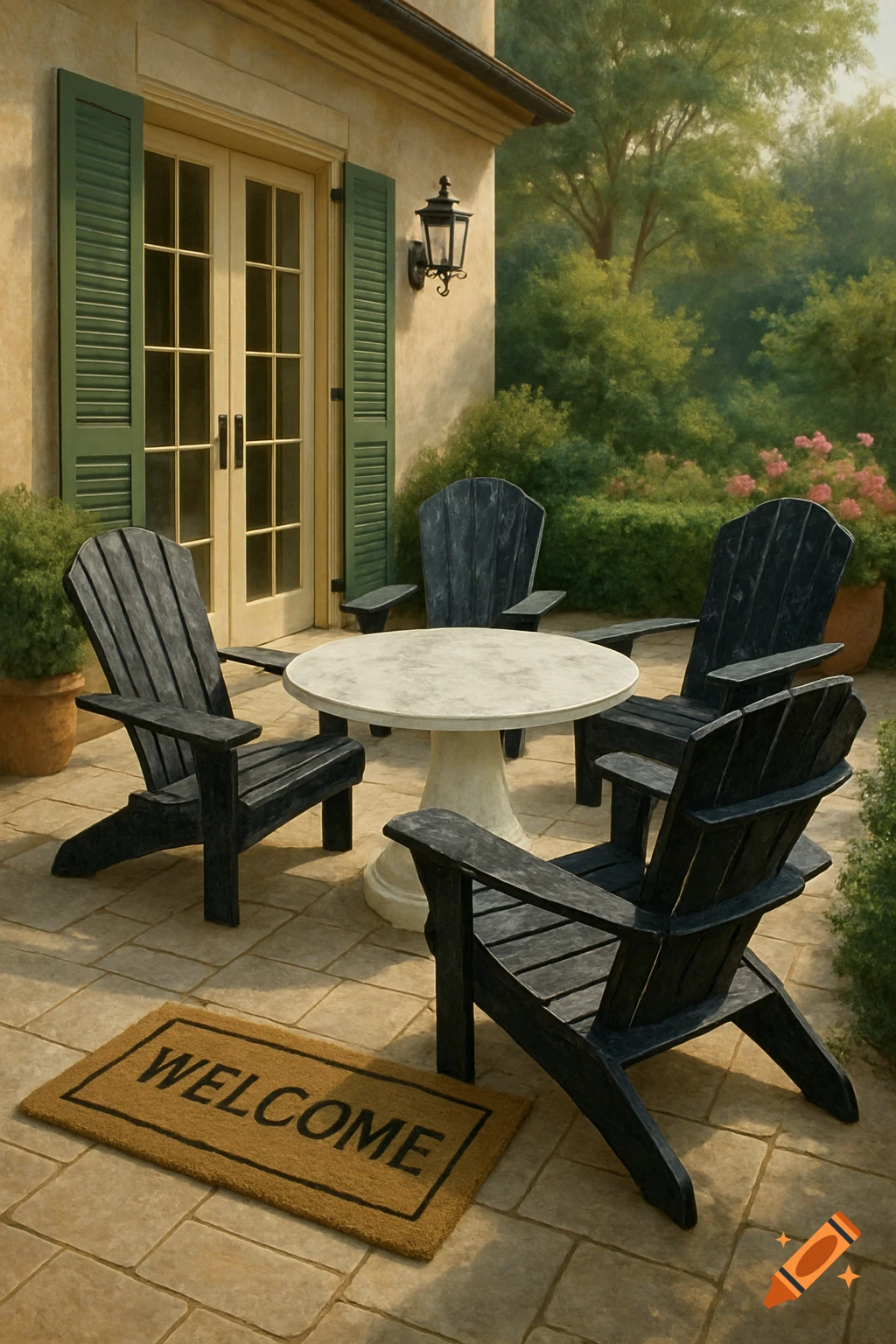 A classy back patio with black Adirondack chairs around a white marble table and a welcome mat.