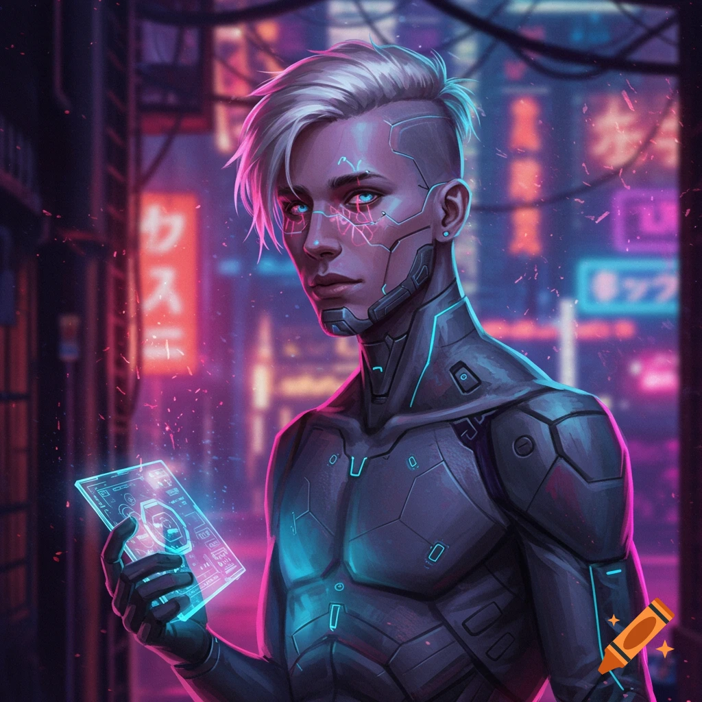 A young man with cyberpunk modifications holds a holographic screen in a neon-lit city.