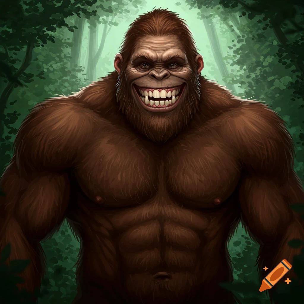 A muscular, smiling Bigfoot stands in a forest clearing, illustration.