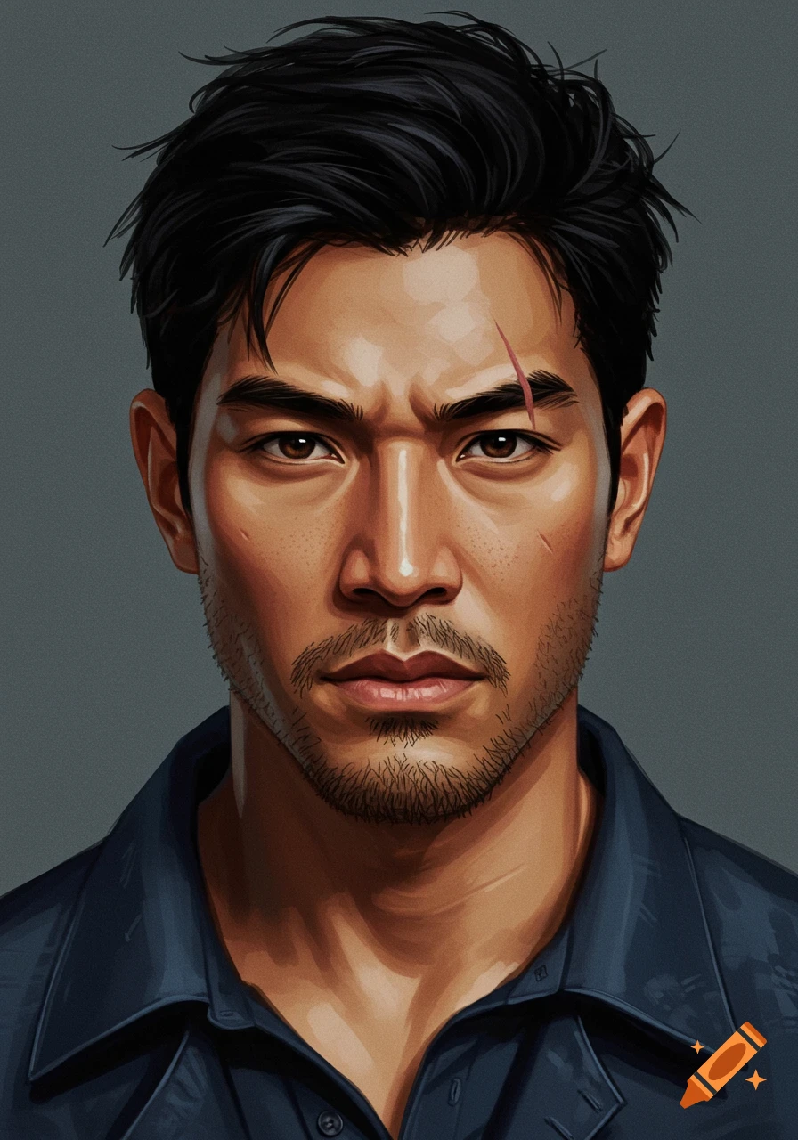 Illustration of a man's portrait with a scar above his eyebrow