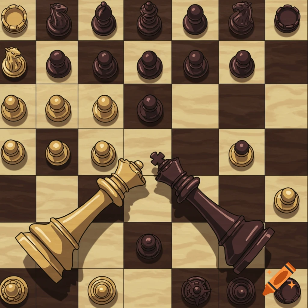 Top-down view of a chessboard with several pieces on the board, and the white queen and black king lying off to the side in anime style.