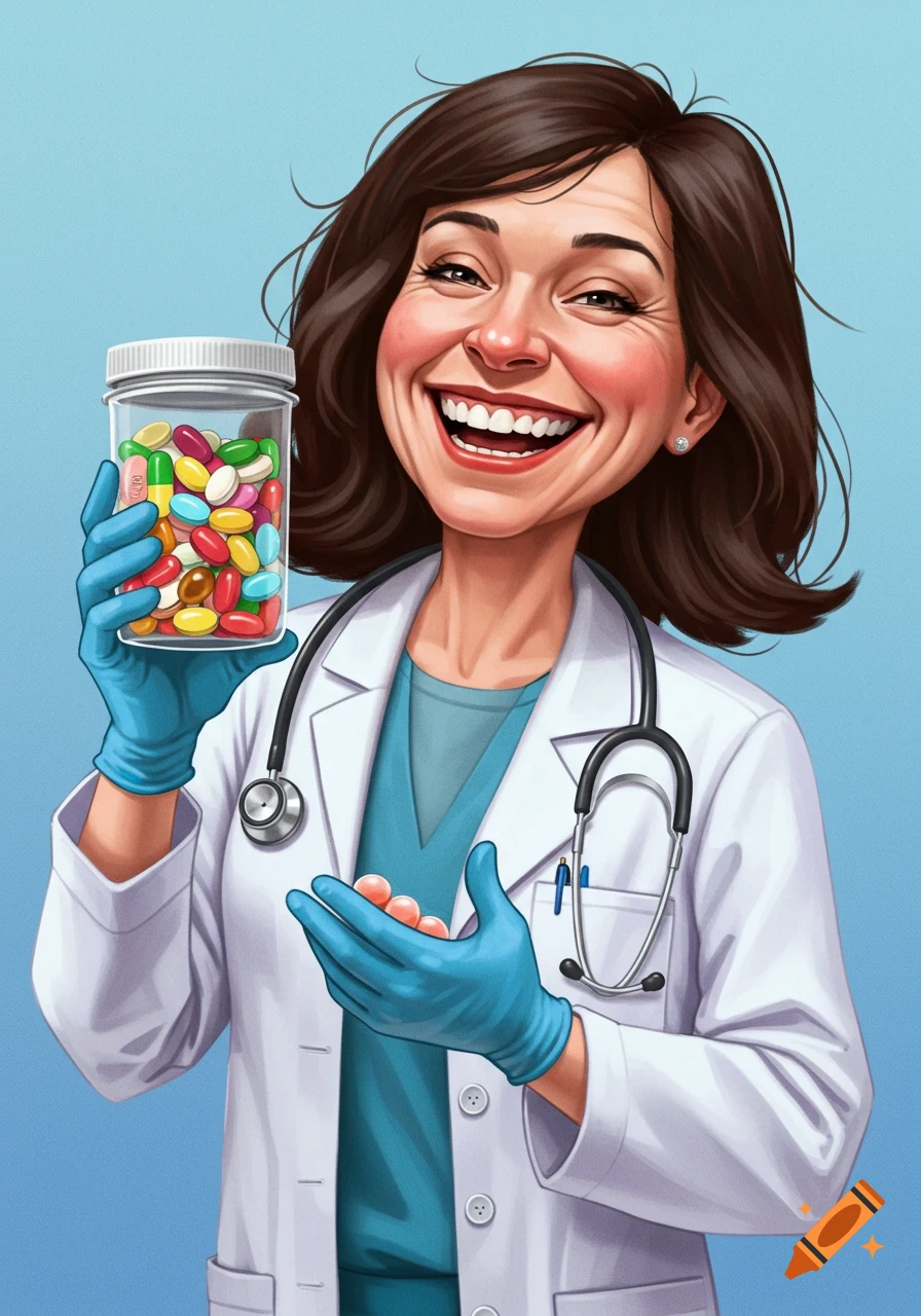Smiling female doctor holding a jar of colorful pills in an illustration style.