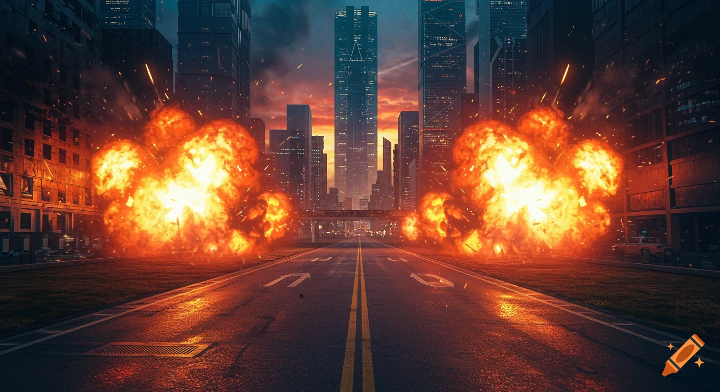 City street with large explosions on either side and tall buildings in the background.