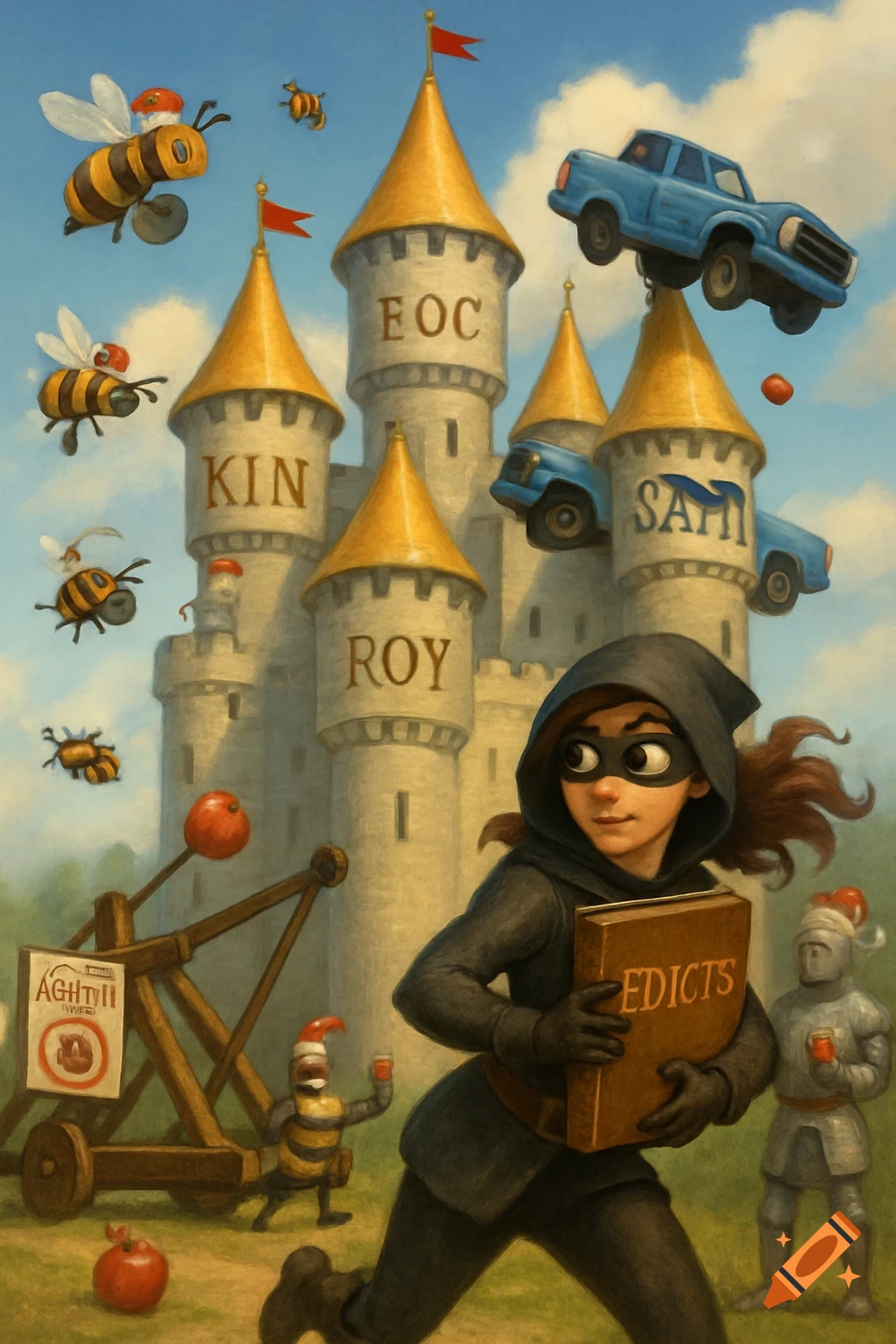 A hooded thief runs from a castle with words on the towers, surrounded by flying bees, knights, trucks on towers, and a catapult.