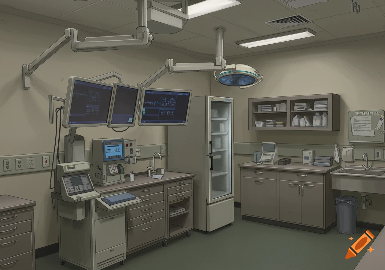An illustration of a hospital medical room with monitors displaying data, equipment, a refrigerator, cabinets, and a sink.