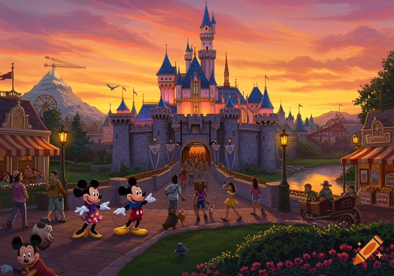 Illustration of a Disney-like castle at sunset with Mickey and Minnie Mouse and visitors.