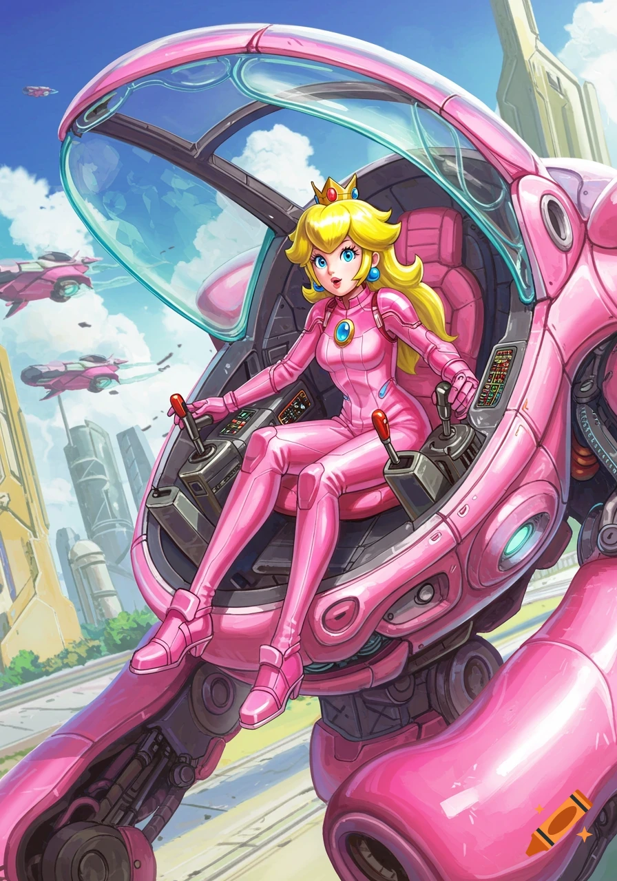 Princess Peach pilots a pink mech in a futuristic city.