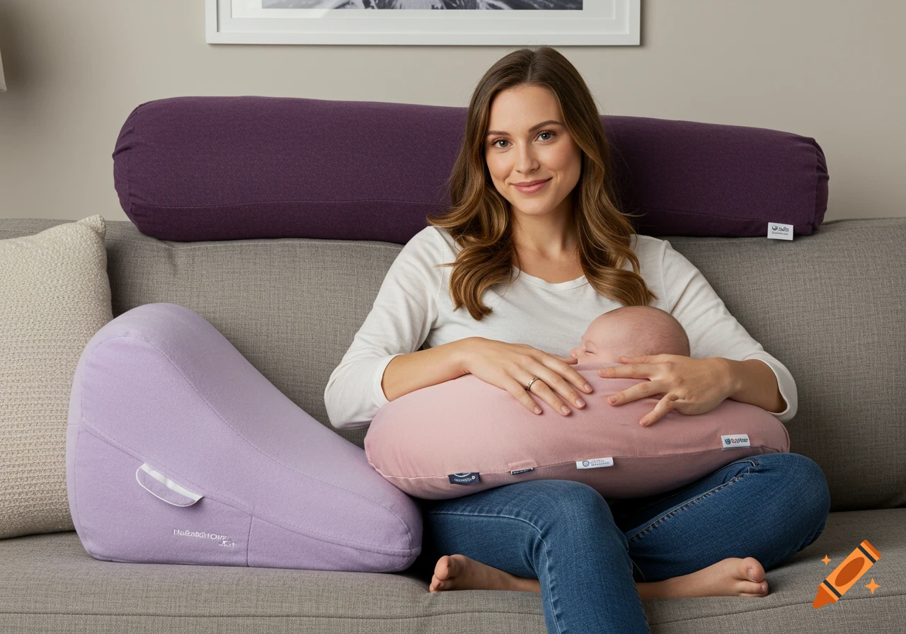 Woman sitting on couch holding a baby on a nursing pillow, with other pillows around.