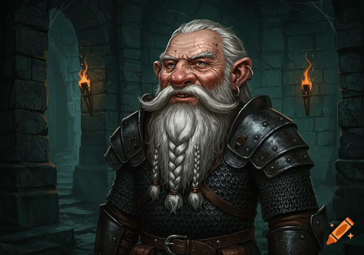 An old dwarf with a braided beard and chainmail stands in a dark dungeon lit by torches.