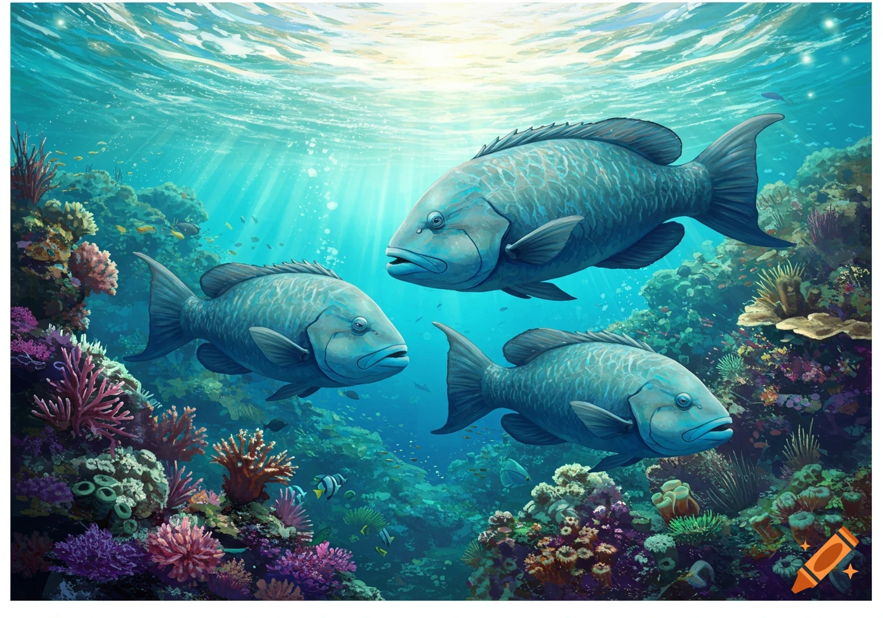 Three large blue fish swim among colorful coral in clear underwater scene with sun rays.