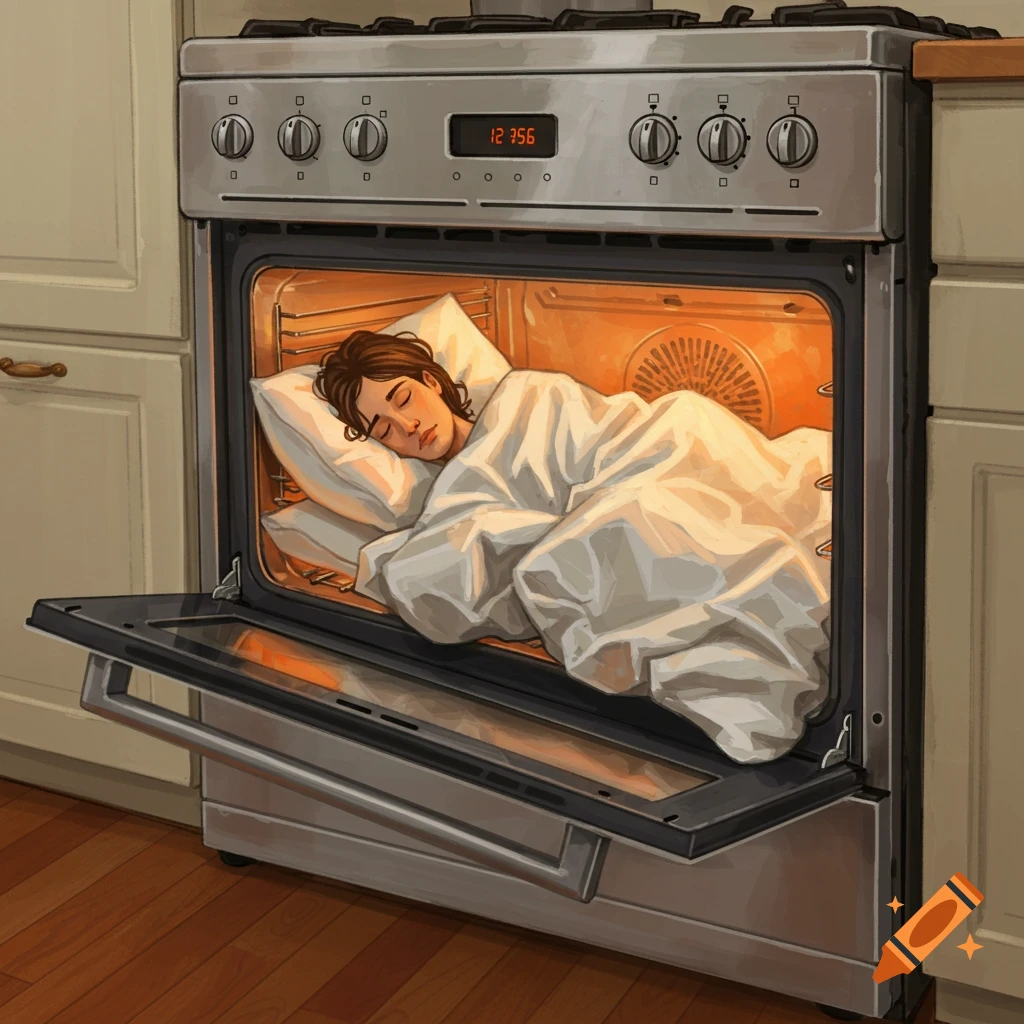 Digital art of a person sleeping comfortably in an open oven with a blanket and pillows in a kitchen.