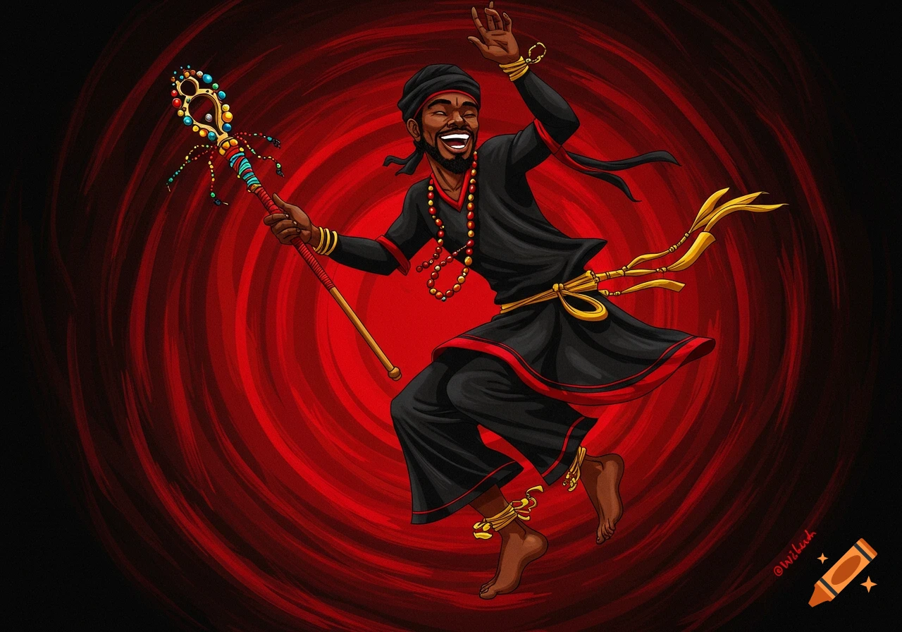 Illustration of a man in black and red dancing joyfully with a staff against a swirling red background.