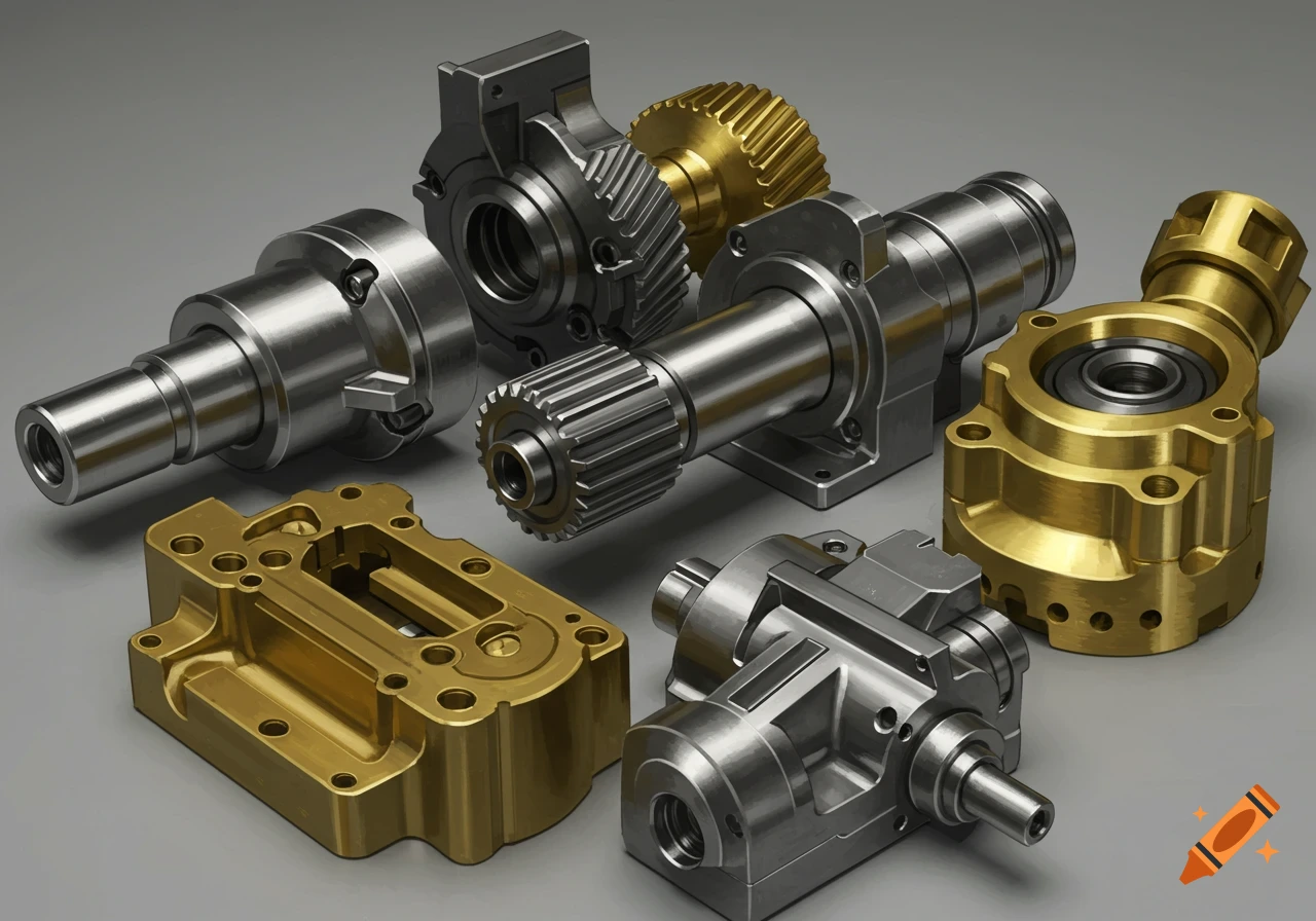 Close-up of various silver and gold mechanical components