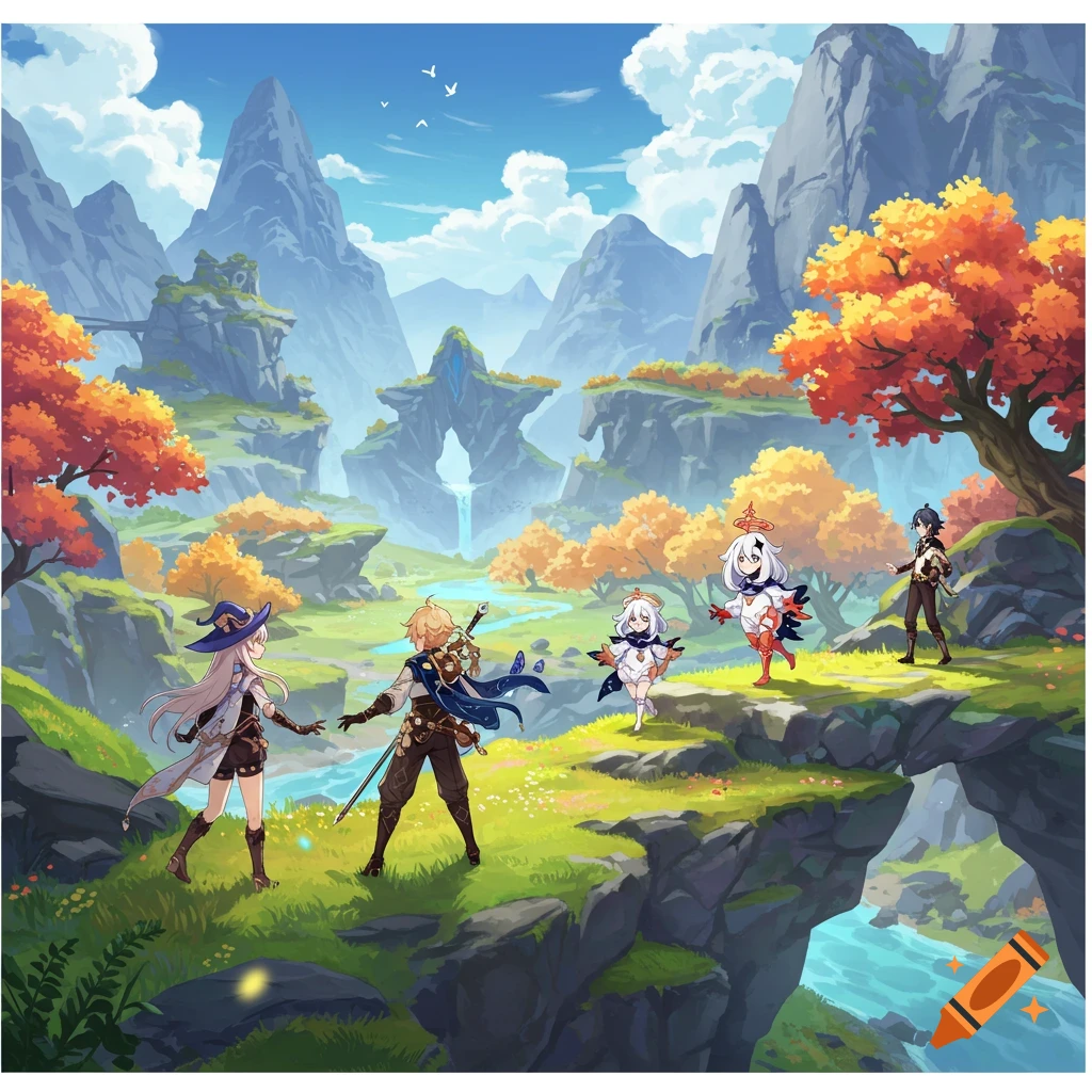 Characters from Genshin Impact in a fantasy landscape with mountains and autumn trees.