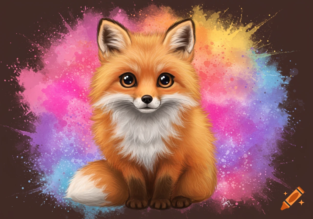 Cute cartoon fox illustration against a colorful watercolor splash background.