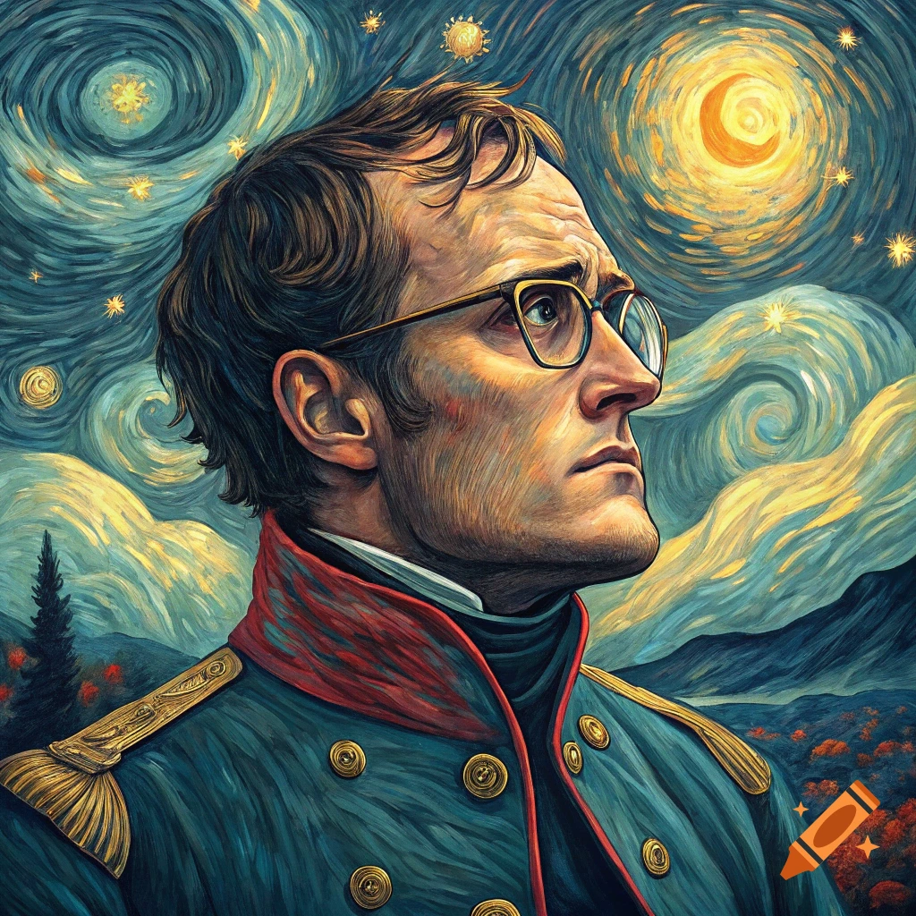 Painting in Van Gogh style showing a man in historical military uniform and glasses against a starry night sky.