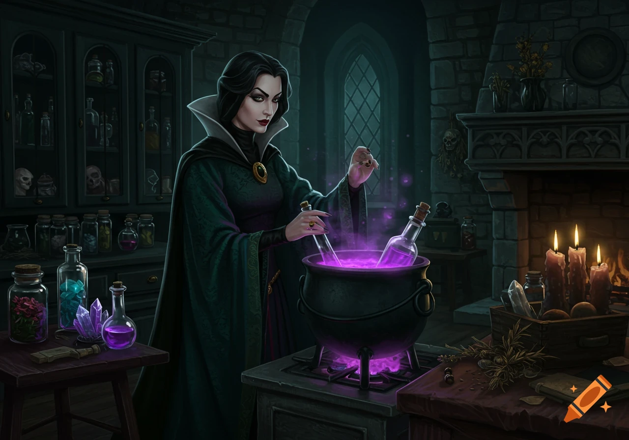 A witch stirs a bubbling purple potion in a cauldron in a dim, stone room filled with bottles and candles.