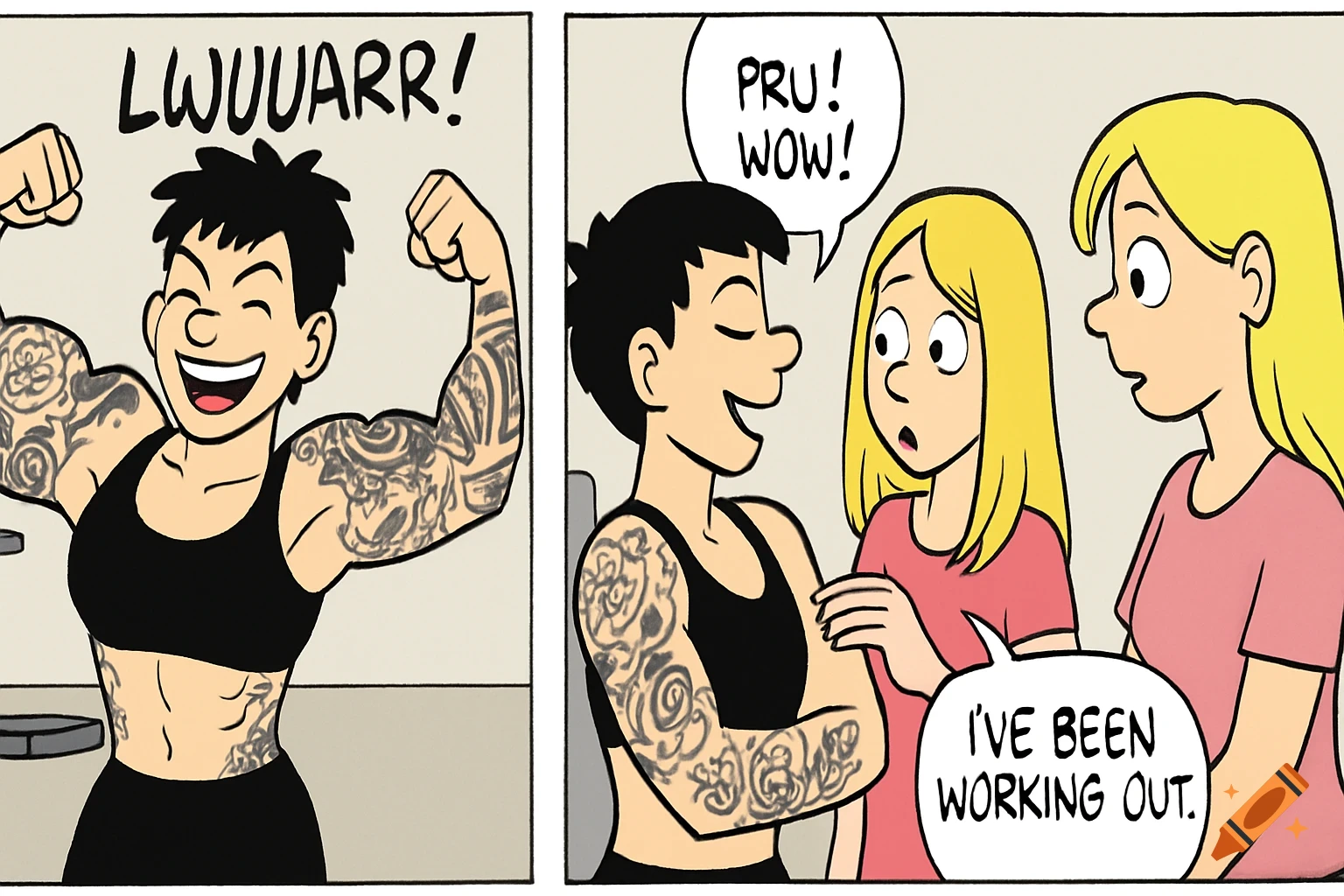 Two cartoon panels show women at a gym. One flexes large tattooed muscles, the other is surprised.