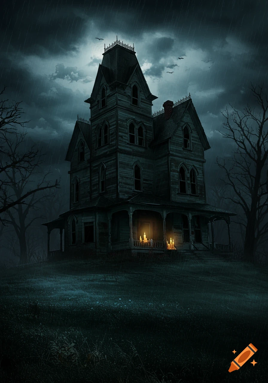Dark, stormy night outside a spooky haunted house with candles lit on the porch.