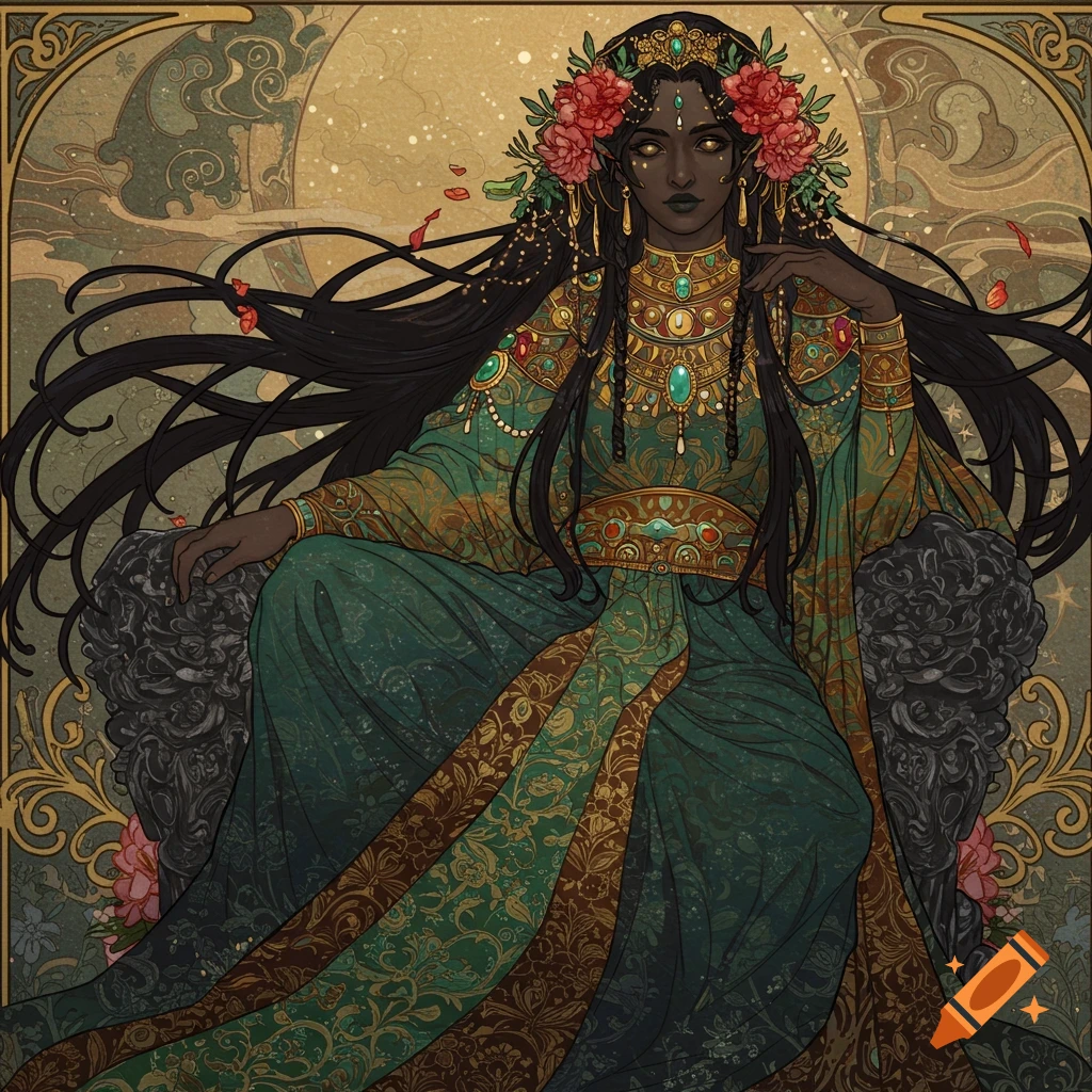 Art Nouveau illustration of a dark-skinned goddess with flowing black hair, seated on an ornate throne, wearing richly decorated green robes.