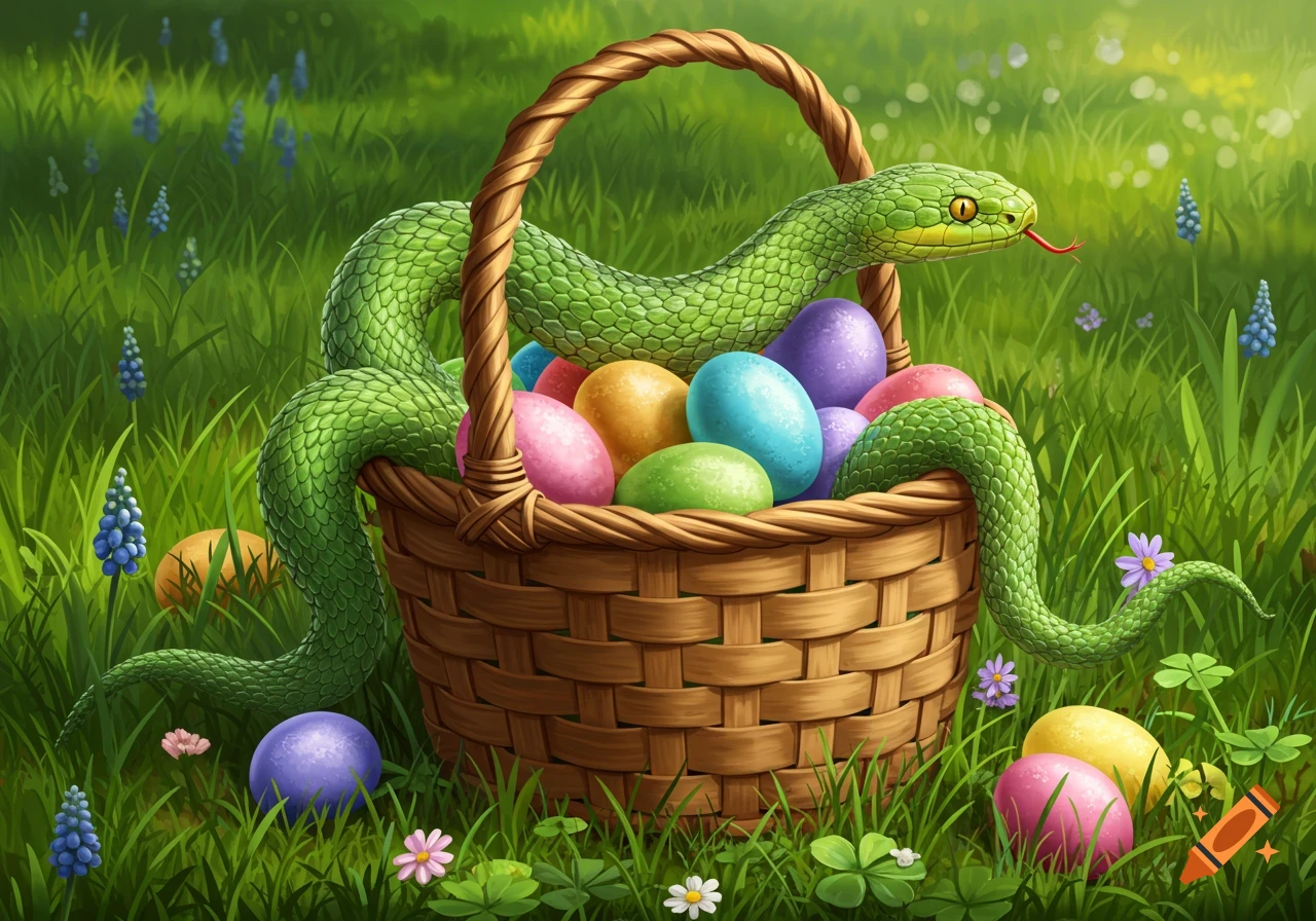 A green snake sits in an Easter basket filled with colorful eggs in a grassy field.