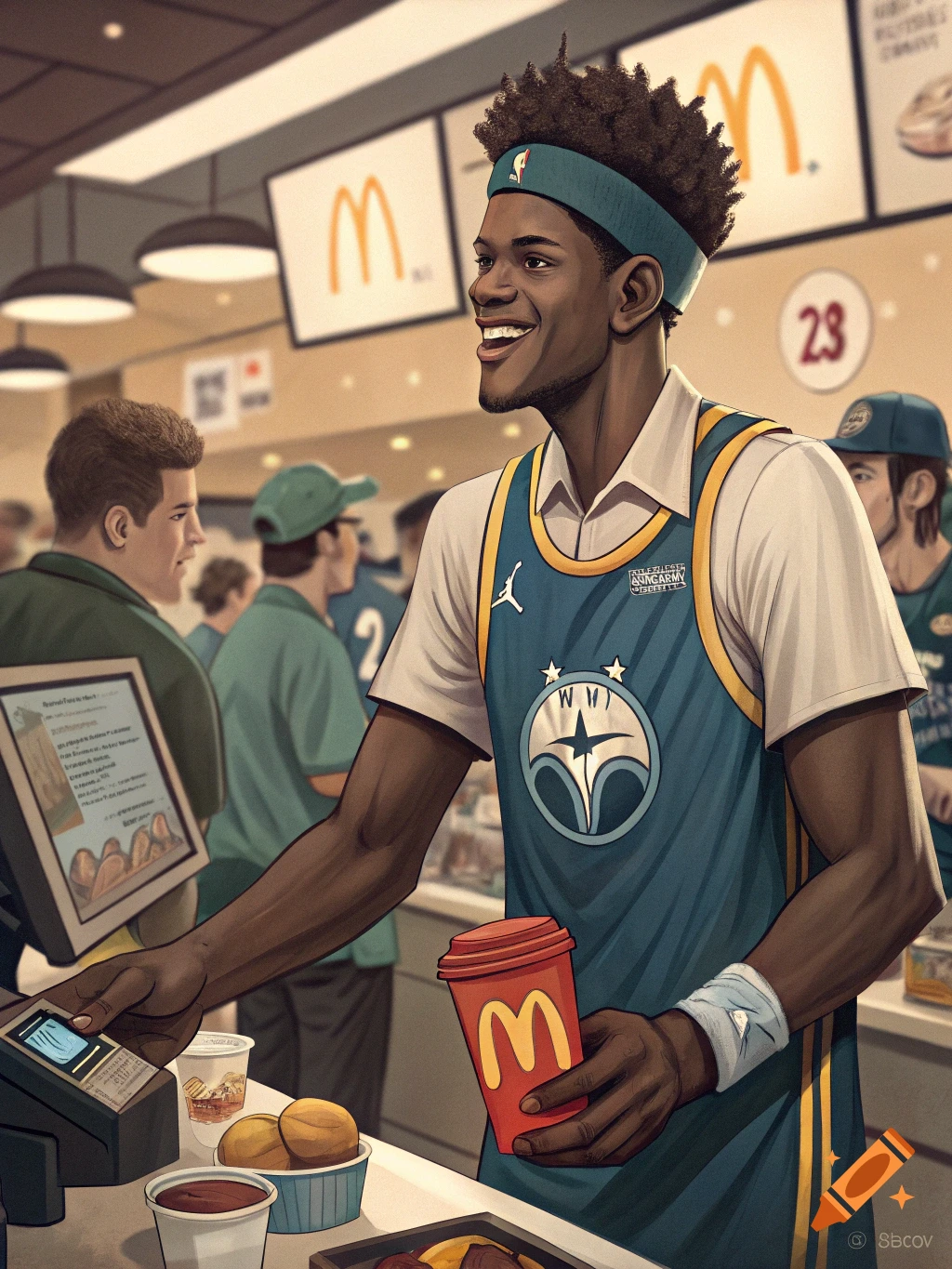 Illustrated basketball player working at a McDonald's counter, holding a drink.