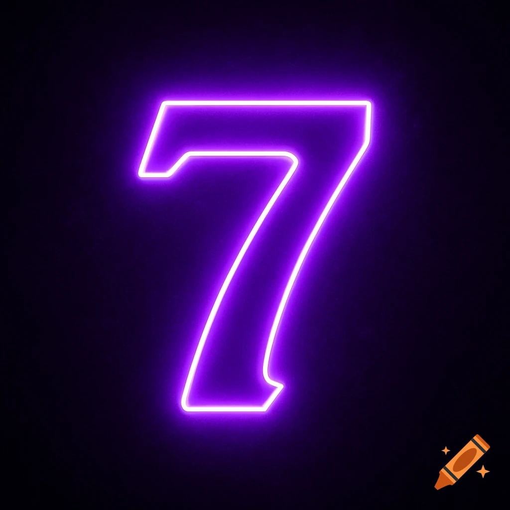 A bright purple neon number 7 glows against a dark background.
