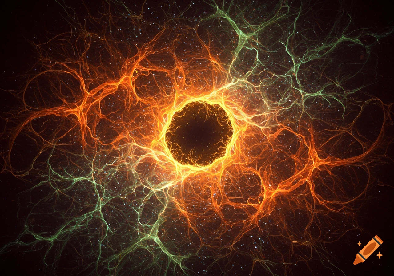 Abstract fractal art with glowing orange and green tendrils radiating from a dark center.