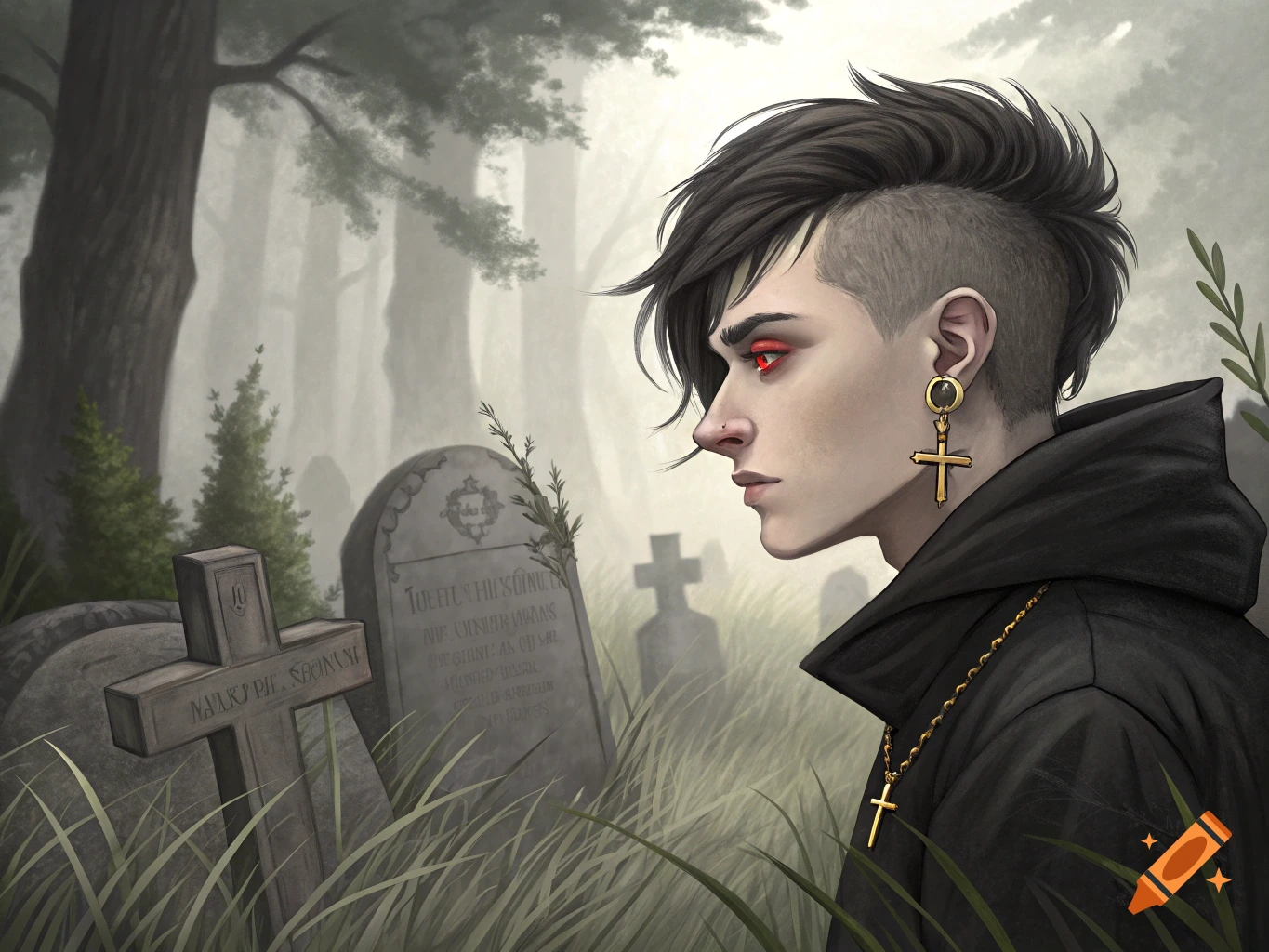 A profile view of a person with emo/goth hair, red eyes, and a cross earring standing in a misty graveyard.