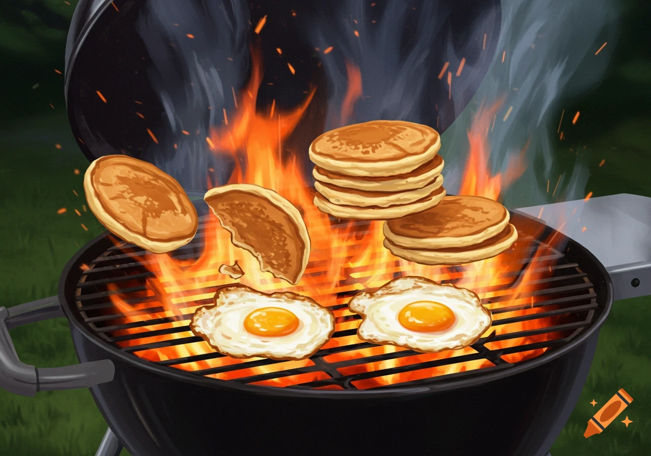 Illustration of pancakes and fried eggs cooking on a grill with flames.