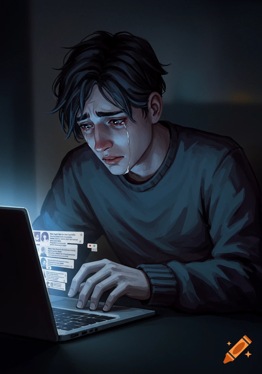 Digital art of a young man crying while looking at bullying messages on a laptop screen.