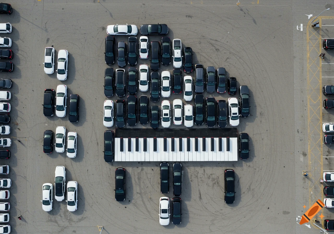 Aerial view of cars arranged in a parking lot to form a large grand piano