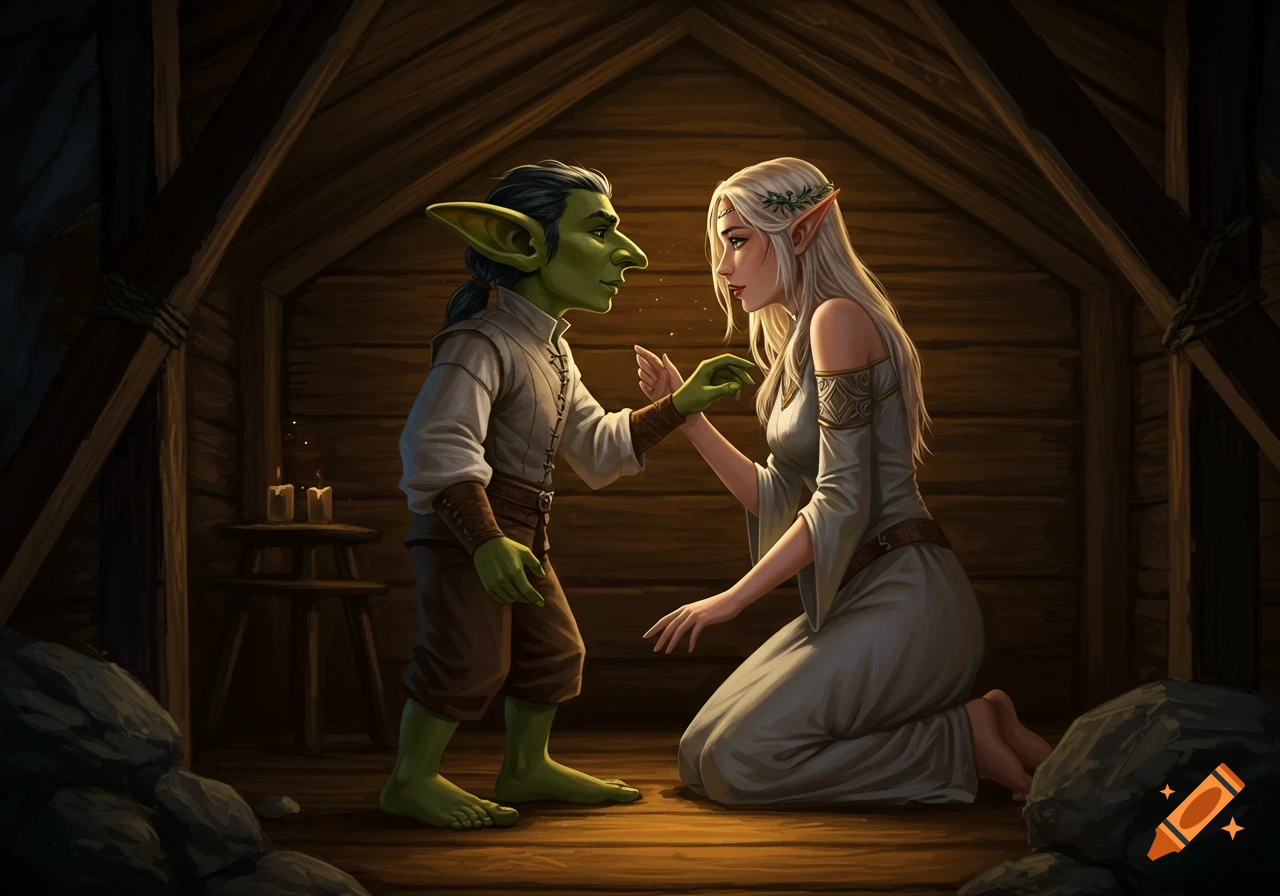 Realistic illustration of a male goblin and a female elf in a wooden cabin, holding hands in an intimate moment.