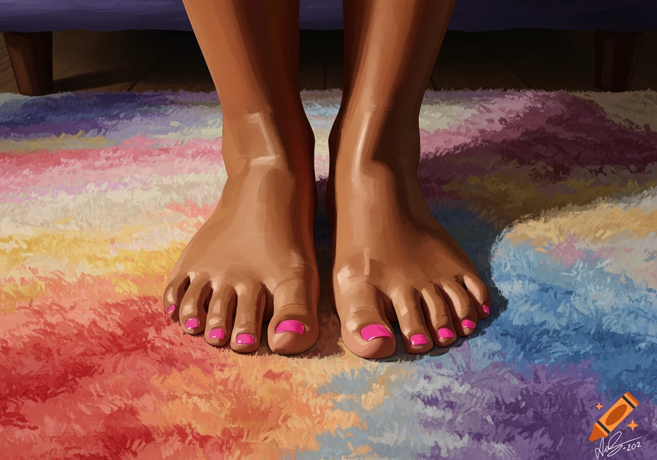 Digital painting of two feet with pink nail polish on a colorful rug.