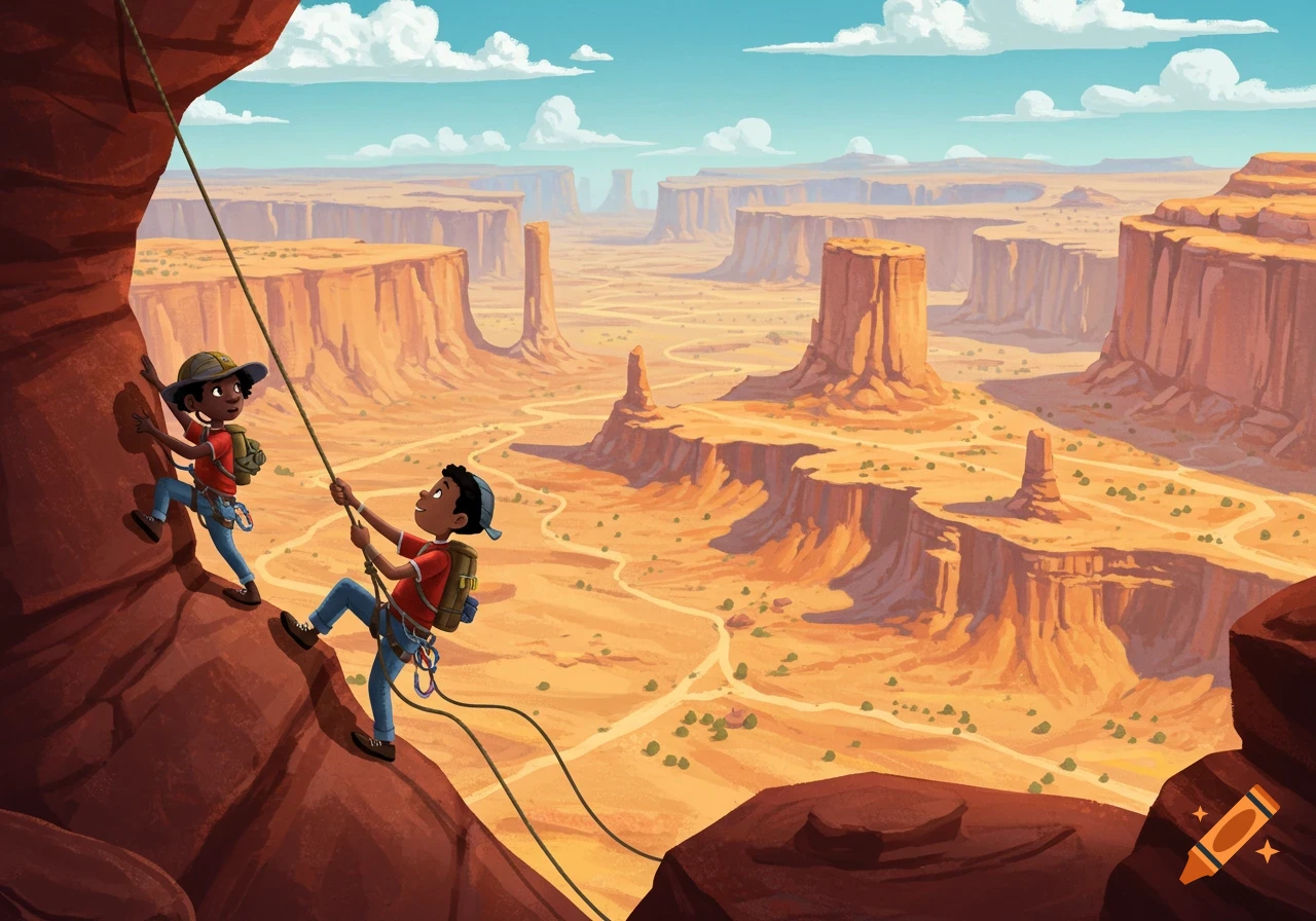 Two children climb a rock in a large desert canyon landscape.