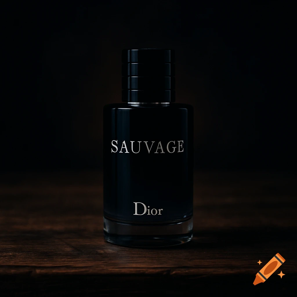 A bottle of Dior Sauvage cologne sits on a wooden table in a dark room.