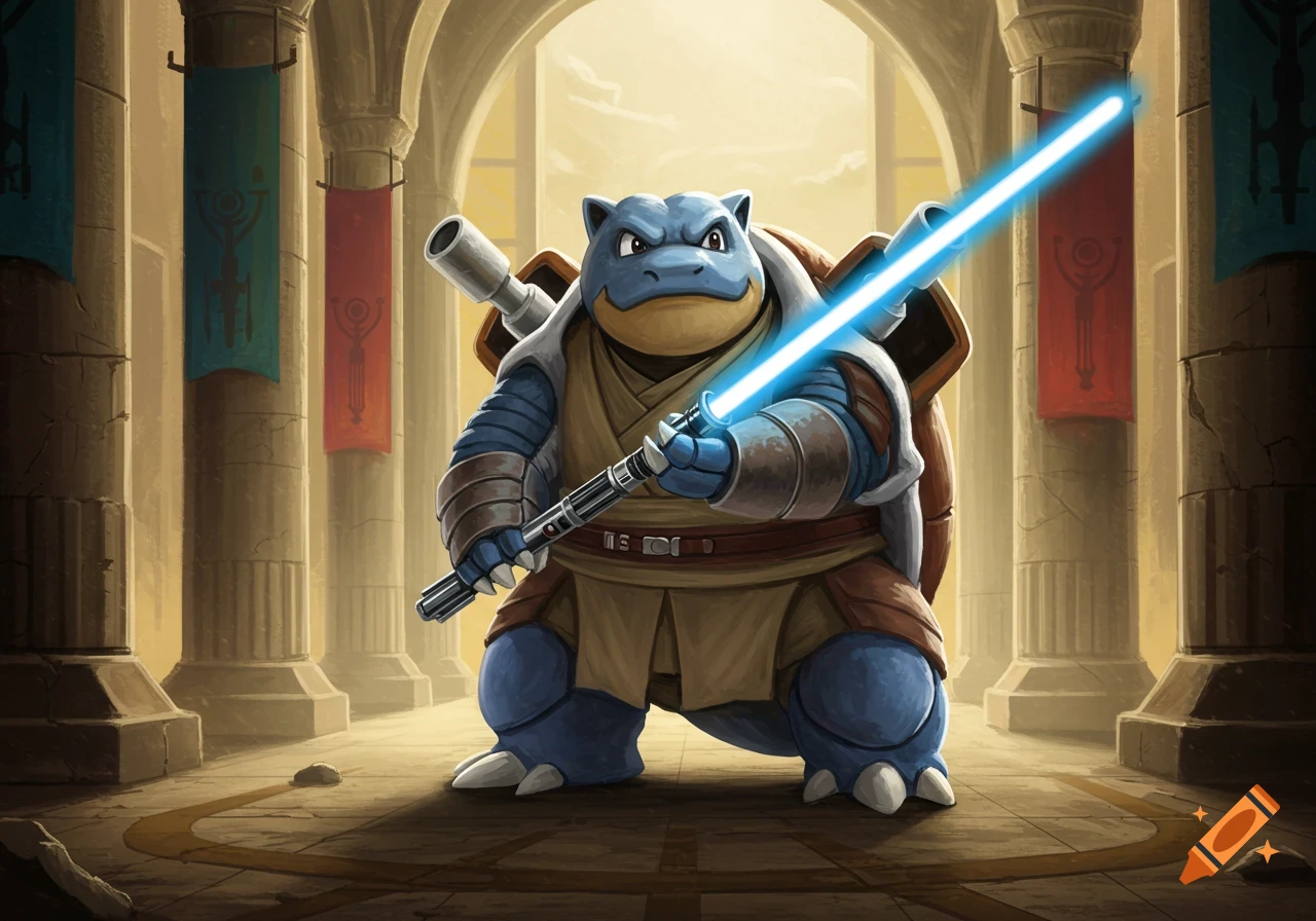 Blastoise dressed as a Jedi holds a blue lightsaber in a temple.