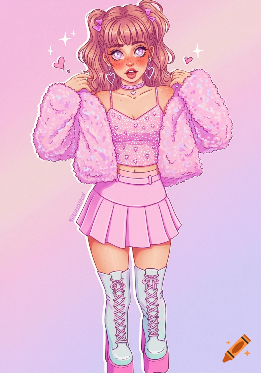 Illustration of a girl in a pink fuzzy jacket, sparkly top, pleated skirt, and platform boots, posing with pigtails.