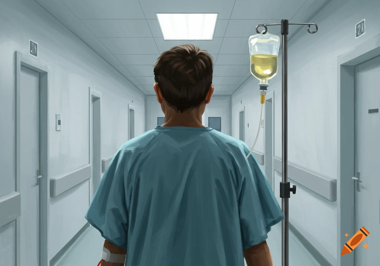 Illustrated view of a person in a hospital gown walking down a hallway ...
