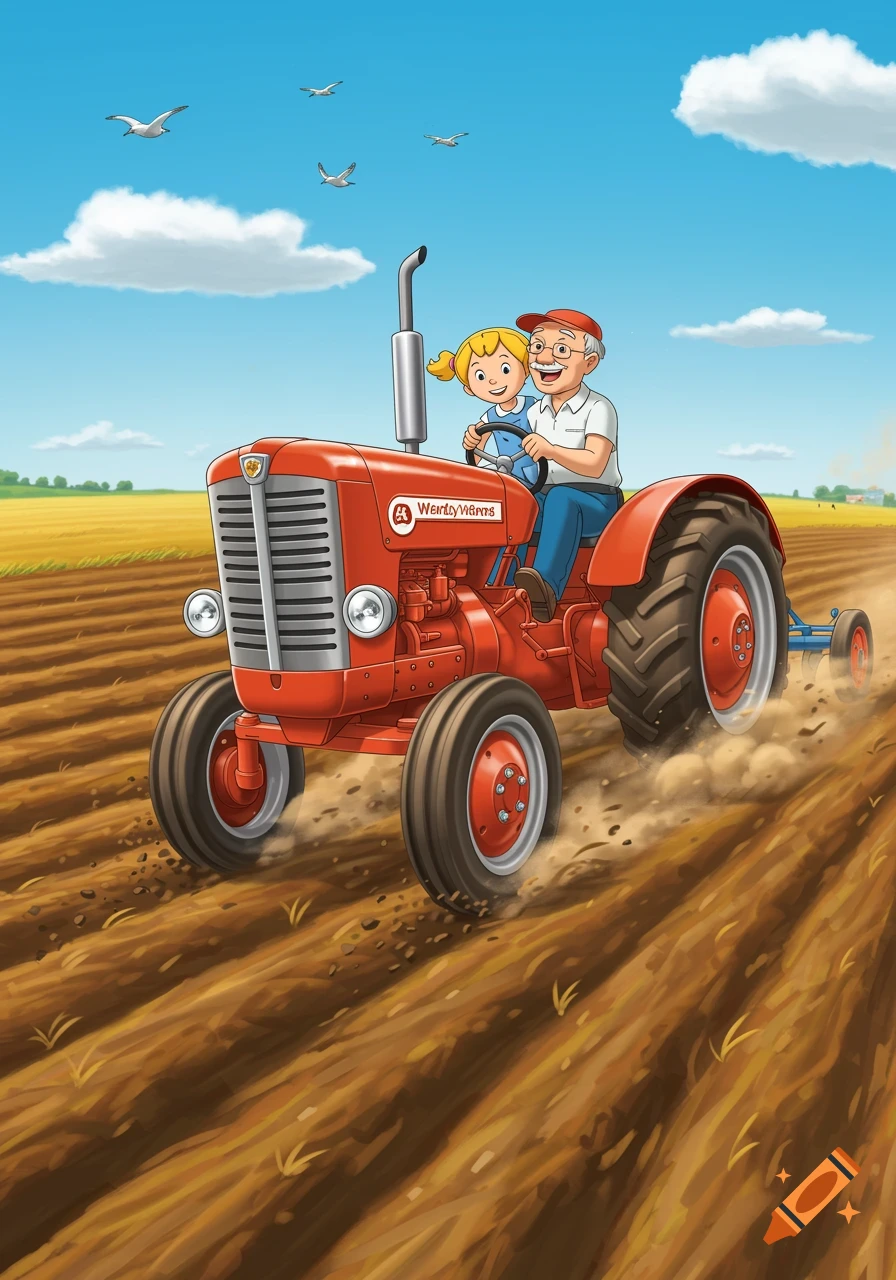 Cartoon of a girl and grandpa on a red tractor plowing a field.
