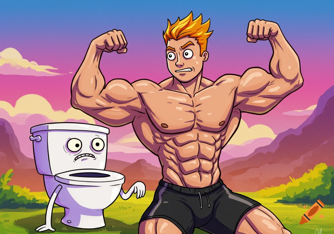 Cartoon man flexing muscles next to scared toilet with face