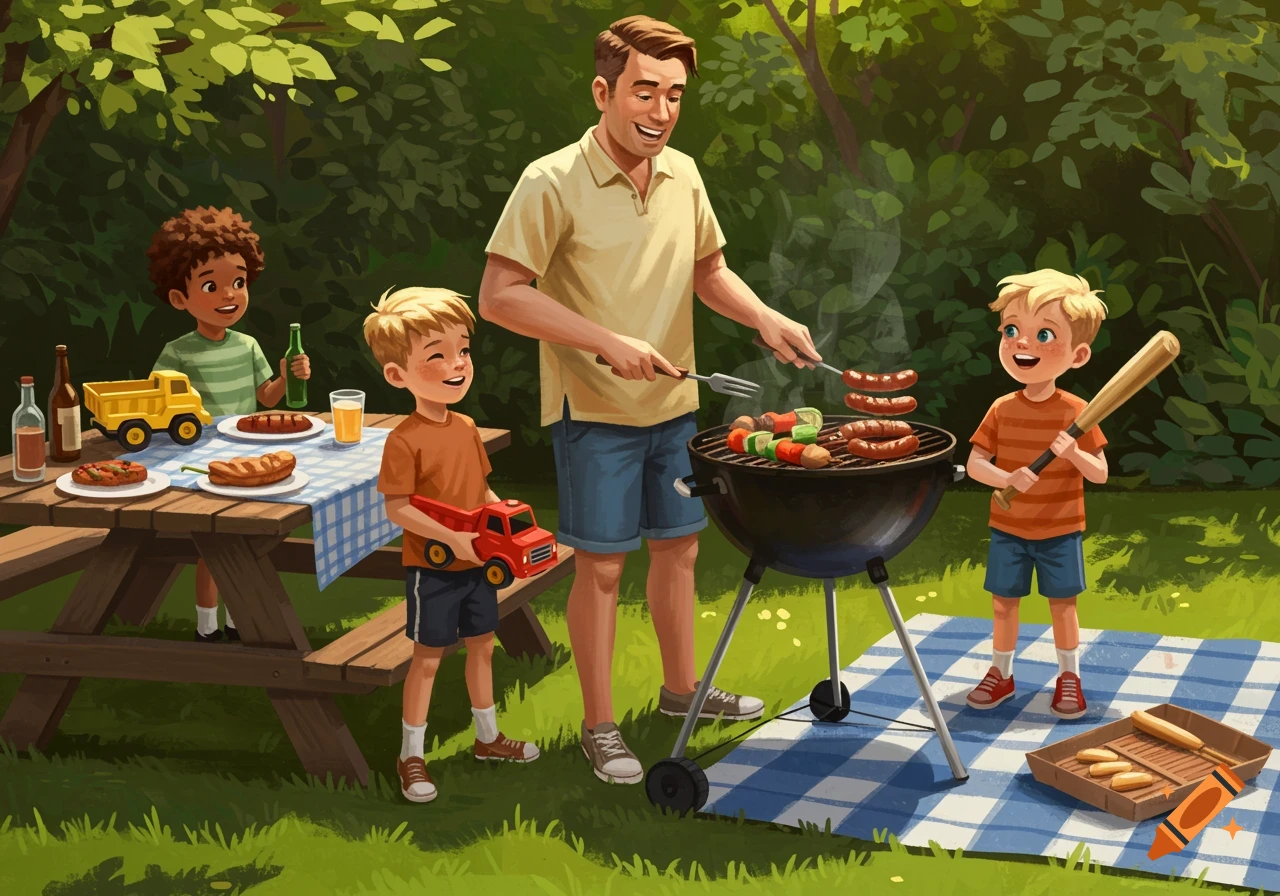 Illustration of a father grilling sausages at a backyard barbecue with his two young sons.