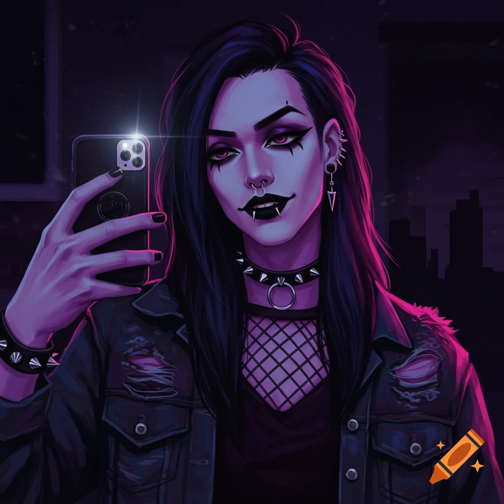 Goth person with fangs and dark makeup taking a selfie with a smartphone, dramatic purple and pink lighting