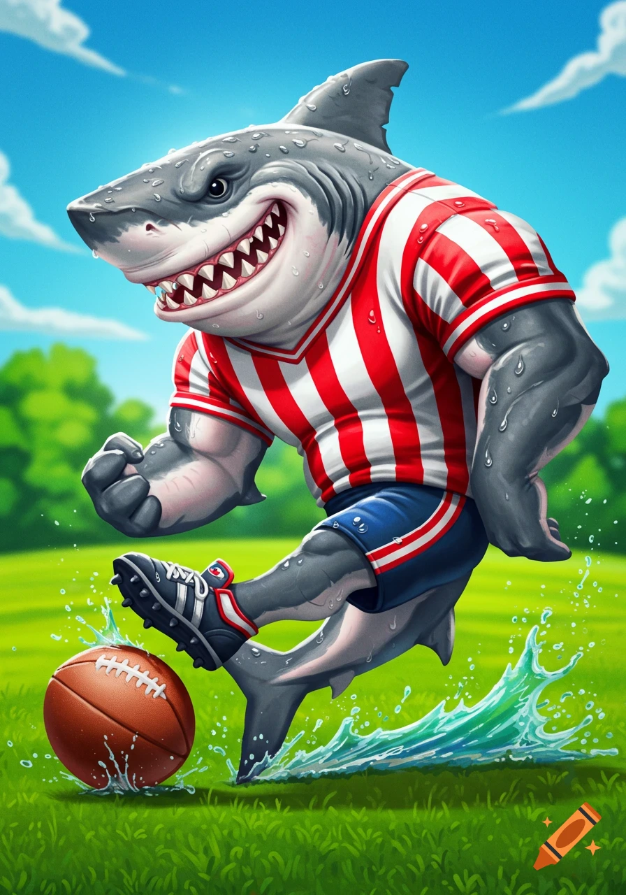 Cartoon shark playing football in a striped shirt