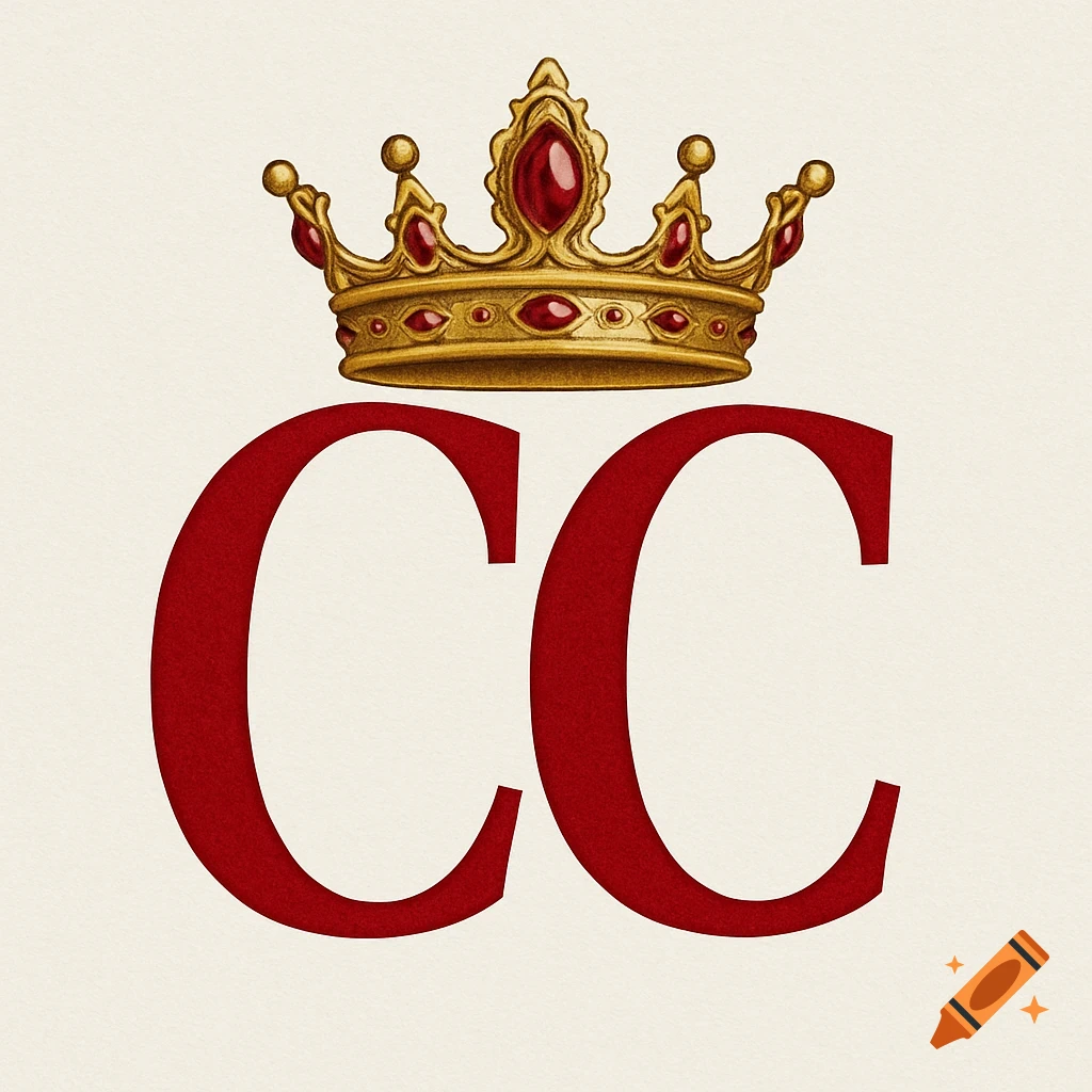 Red letters CC with a golden crown adorned with red jewels above.