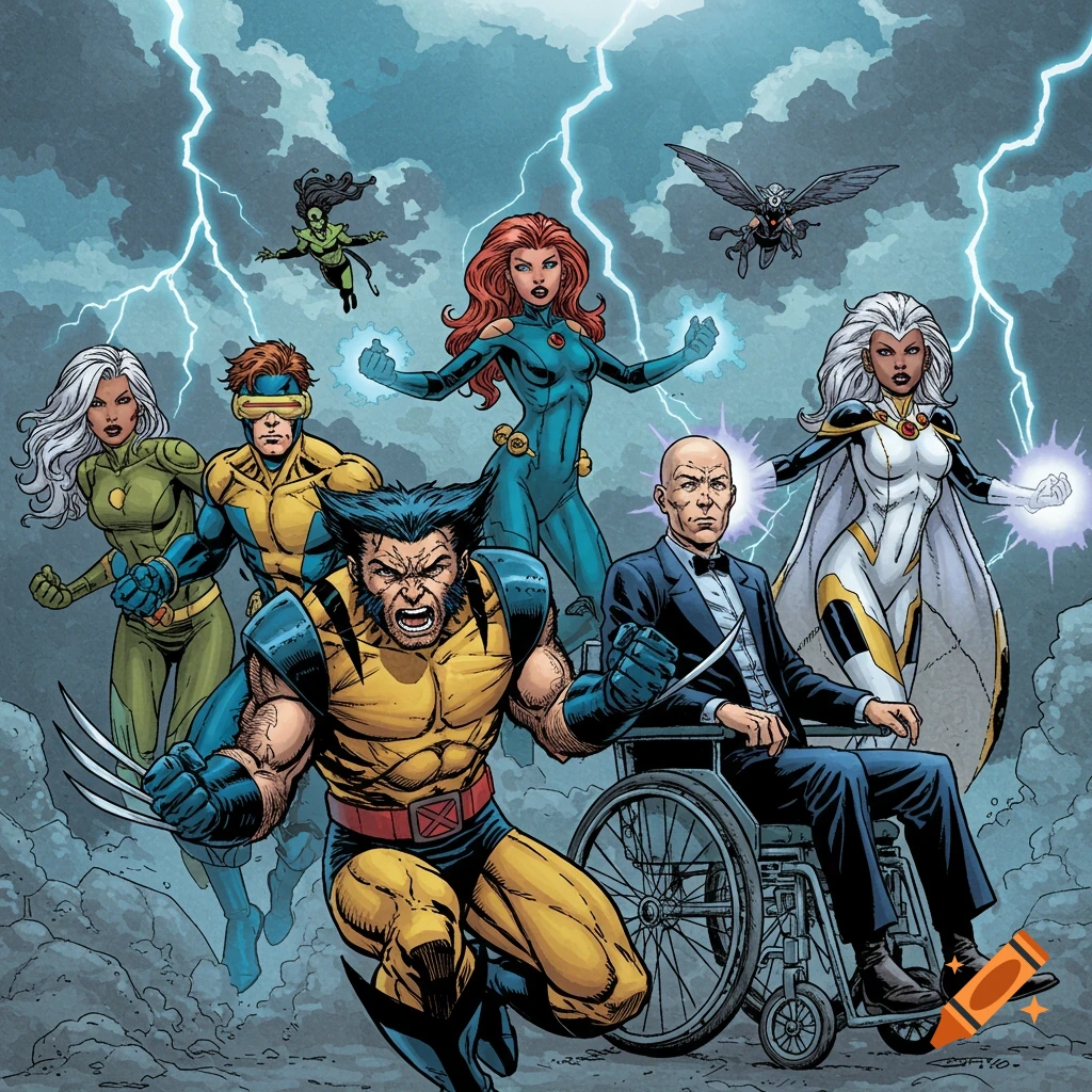 Comic book art of X-Men characters Wolverine, Cyclops, Jean Grey, Storm, Professor X, and others under a stormy sky with lightning.