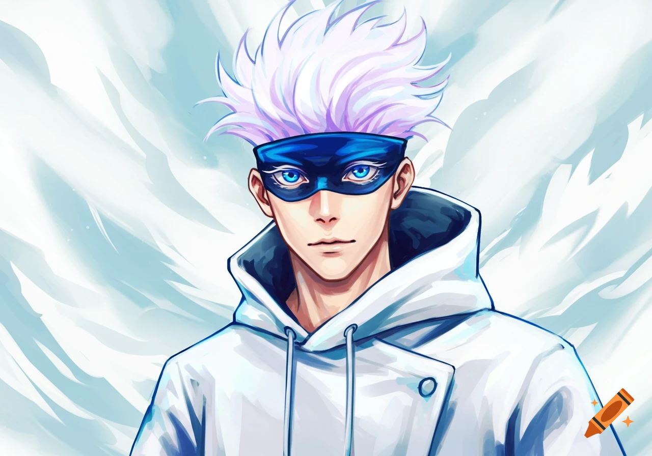 Anime portrait of a man with white hair, blue blindfold, and white hoodie against a blue and white background.